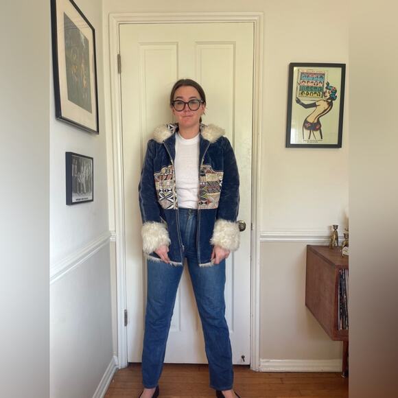 70s Vintage Blue Crush Velvet Penny Lane Style Coat w Faux Fur Trim and Hood - Picture 2 of 10